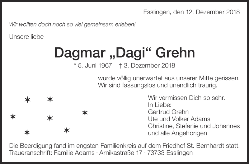  Traueranzeige für Dagmar Grehn vom 12.12.2018 aus Eßlinger Zeitung/Cannstatter Zeitung