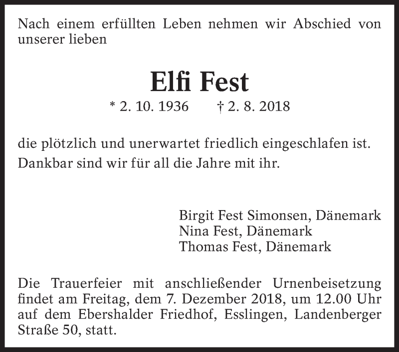  Traueranzeige für Elfi Fest vom 01.12.2018 aus Eßlinger Zeitung/Cannstatter Zeitung