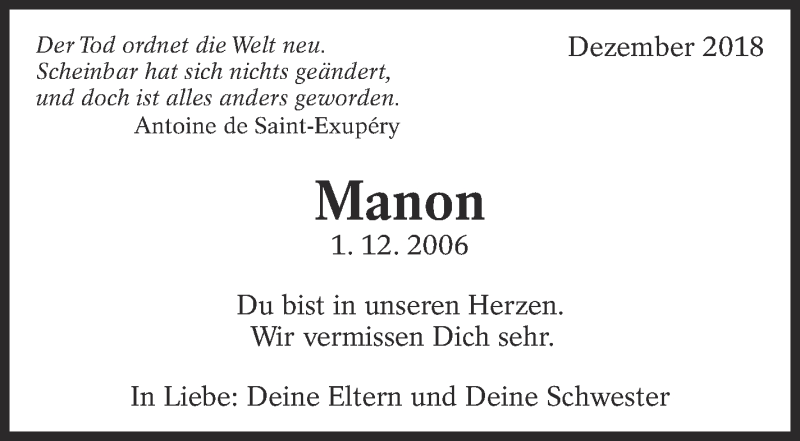  Traueranzeige für Manon  vom 01.12.2018 aus Eßlinger Zeitung/Cannstatter Zeitung