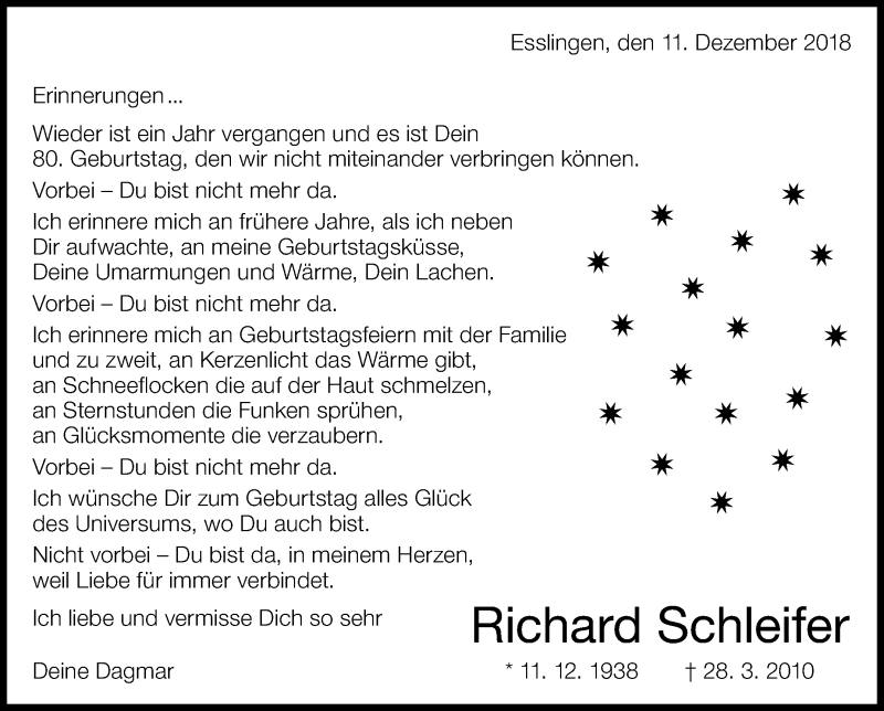  Traueranzeige für Richard Schleifer vom 11.12.2018 aus Eßlinger Zeitung/Cannstatter Zeitung
