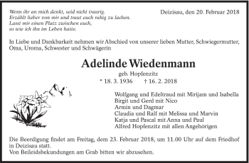 Traueranzeige von Adelinde Wiedenmann von Eßlinger Zeitung/Cannstatter Zeitung
