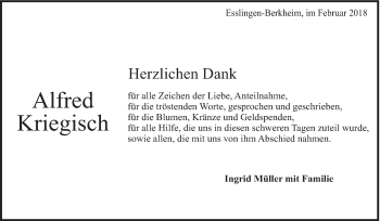 Traueranzeige von Alfred Kriegisch von Eßlinger Zeitung/Cannstatter Zeitung