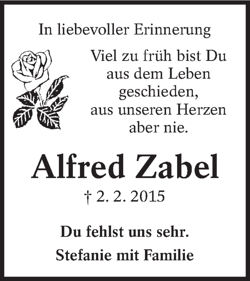  Traueranzeige für Alfred Zabel vom 02.02.2018 aus Eßlinger Zeitung/Cannstatter Zeitung