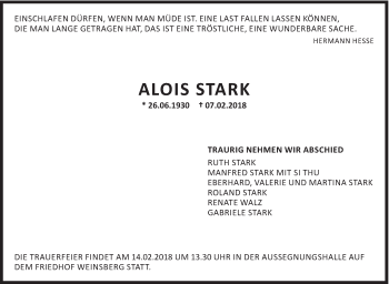 Traueranzeige von Alois Stark von Eßlinger Zeitung/Cannstatter Zeitung