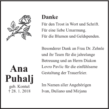 Traueranzeige von Ana Puhalj von Eßlinger Zeitung/Cannstatter Zeitung