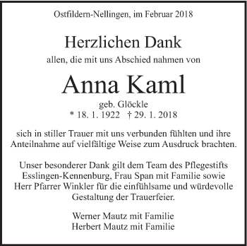Traueranzeige von Anna Kaml von Eßlinger Zeitung/Cannstatter Zeitung