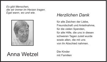 Traueranzeige von Anna Wetzel von Eßlinger Zeitung/Cannstatter Zeitung