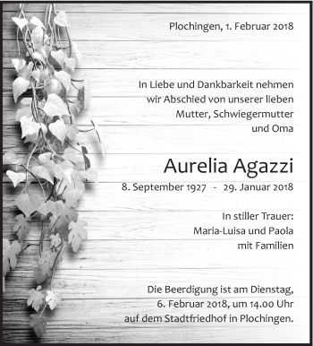 Traueranzeige von Aurelia Agazzi von Eßlinger Zeitung/Cannstatter Zeitung