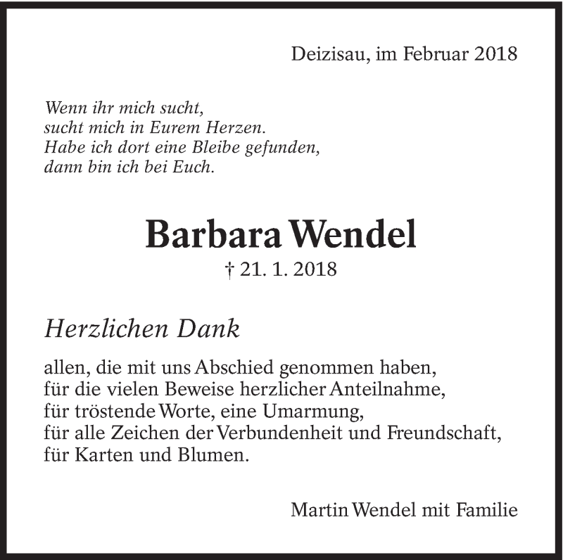  Traueranzeige für Barbara Wendel vom 03.02.2018 aus Eßlinger Zeitung/Cannstatter Zeitung