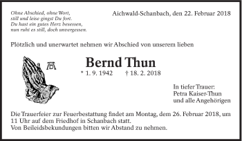 Traueranzeige von Bernd Thun von Eßlinger Zeitung/Cannstatter Zeitung