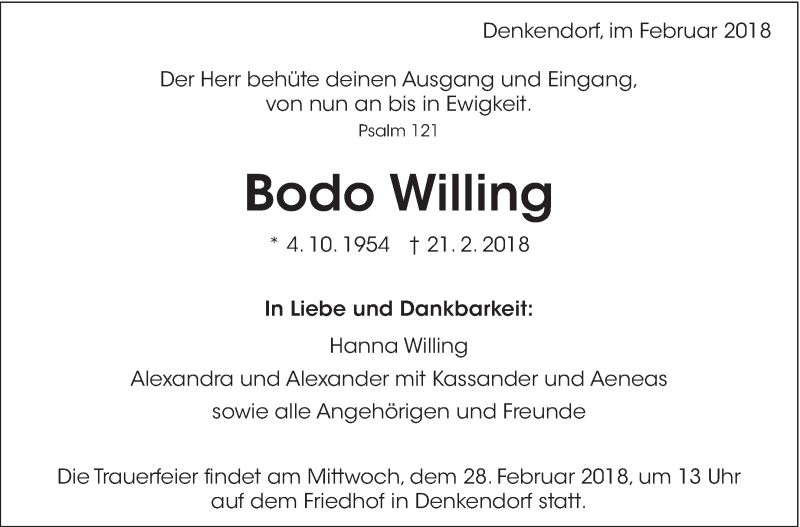  Traueranzeige für Bodo Willing vom 26.02.2018 aus Eßlinger Zeitung/Cannstatter Zeitung