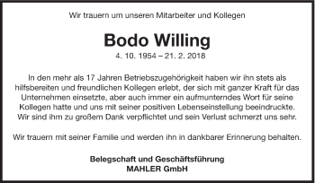 Traueranzeige von Bodo Willing von Eßlinger Zeitung/Cannstatter Zeitung