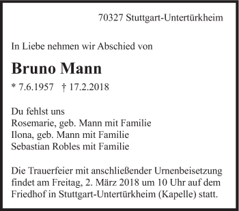 Traueranzeige von Bruno Mann von Eßlinger Zeitung/Cannstatter Zeitung