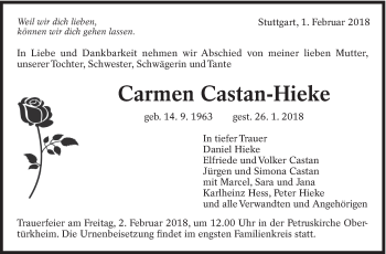Traueranzeige von Carmen Castan-Hieke von Eßlinger Zeitung/Cannstatter Zeitung