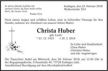 Traueranzeige von Christa Huber von Eßlinger Zeitung/Cannstatter Zeitung
