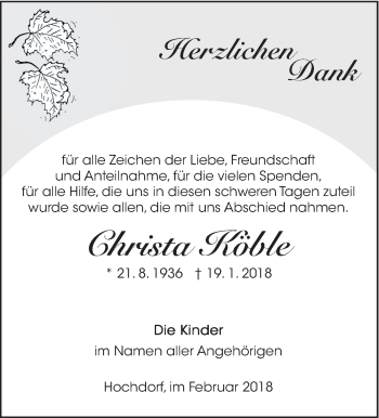 Traueranzeige von Christa Köble von Eßlinger Zeitung/Cannstatter Zeitung