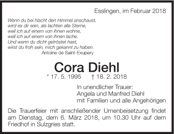 Traueranzeige von Cora Diehl von Eßlinger Zeitung/Cannstatter Zeitung