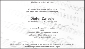 Traueranzeige von Dieter Zwisele von Eßlinger Zeitung/Cannstatter Zeitung