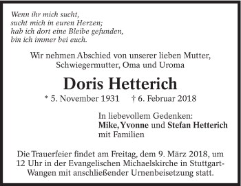 Traueranzeige von Doris Hetterich von Eßlinger Zeitung/Cannstatter Zeitung