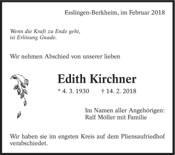 Traueranzeige von Edith Kirchner von Eßlinger Zeitung/Cannstatter Zeitung