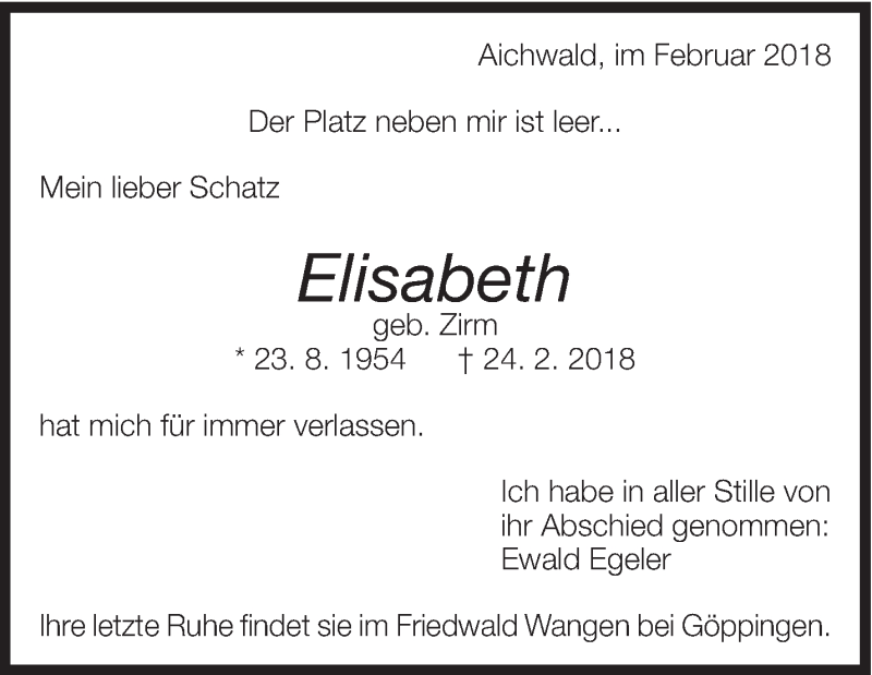  Traueranzeige für Elisabeth  vom 28.02.2018 aus Eßlinger Zeitung/Cannstatter Zeitung