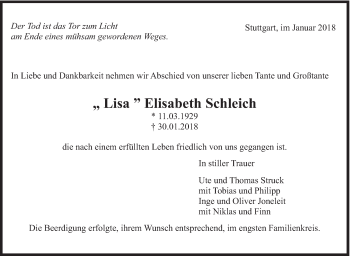 Traueranzeige von Elisabeth Schleich von Eßlinger Zeitung/Cannstatter Zeitung