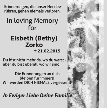 Traueranzeige von Elsbeth Zorko von Eßlinger Zeitung/Cannstatter Zeitung