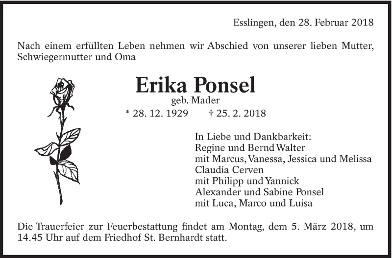  Traueranzeige für Erika Ponsel vom 28.02.2018 aus Eßlinger Zeitung/Cannstatter Zeitung