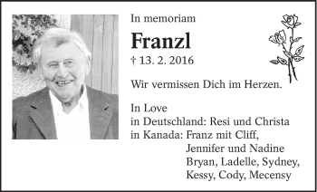 Traueranzeige von Franzl  von Eßlinger Zeitung/Cannstatter Zeitung