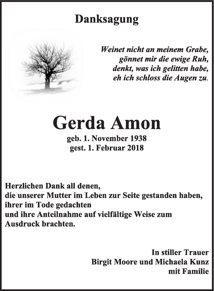  Traueranzeige für Gerda Amon vom 28.02.2018 aus Eßlinger Zeitung/Cannstatter Zeitung