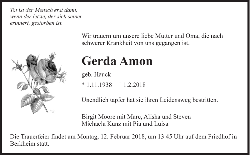  Traueranzeige für Gerda Amon vom 07.02.2018 aus Eßlinger Zeitung/Cannstatter Zeitung