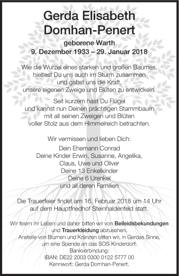 Traueranzeige von Gerda Elisabeth Domhan-Penert von Eßlinger Zeitung/Cannstatter Zeitung