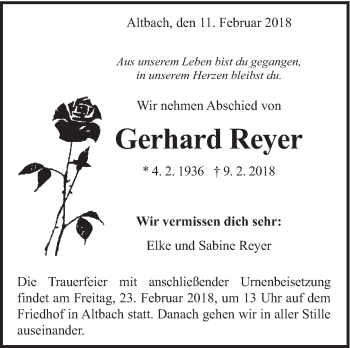 Traueranzeige von Gerhard Reyer von Eßlinger Zeitung/Cannstatter Zeitung