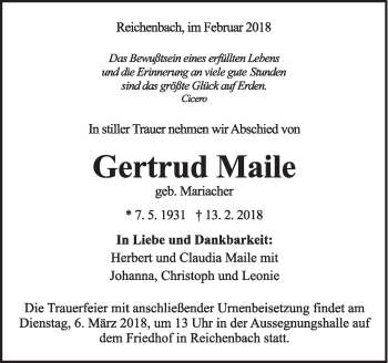Traueranzeige von Gertrud Maile von Eßlinger Zeitung/Cannstatter Zeitung