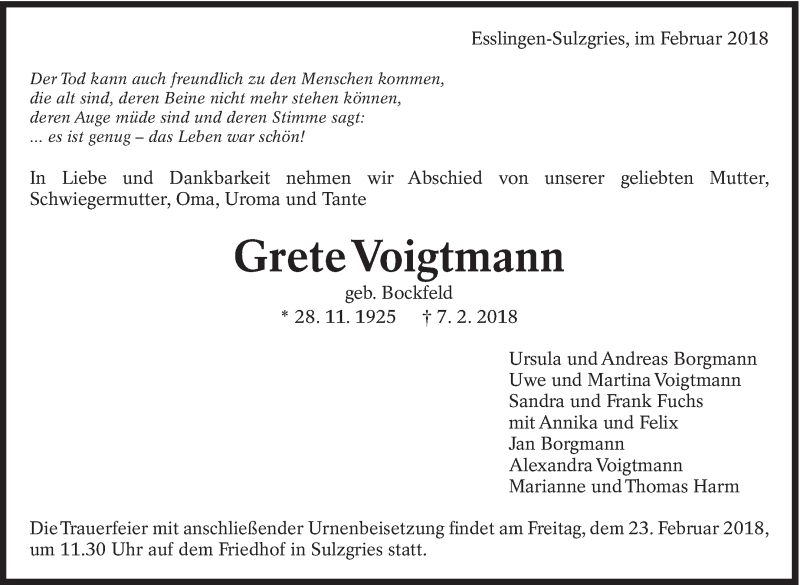  Traueranzeige für Grete Voigtmann vom 17.02.2018 aus Eßlinger Zeitung/Cannstatter Zeitung