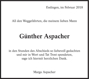 Traueranzeige von Günther Aspacher von Eßlinger Zeitung/Cannstatter Zeitung