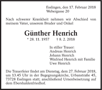 Traueranzeige von Günther Henrich von Eßlinger Zeitung/Cannstatter Zeitung
