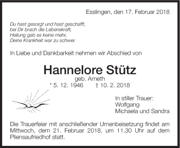 Traueranzeige von Hannelore Stütz von Eßlinger Zeitung/Cannstatter Zeitung