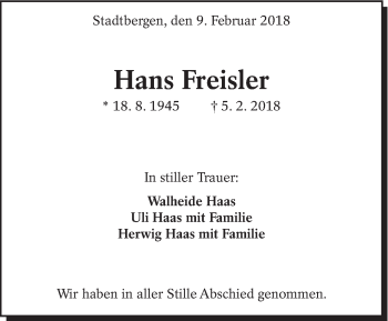 Traueranzeige von Hans Freisler von Eßlinger Zeitung/Cannstatter Zeitung