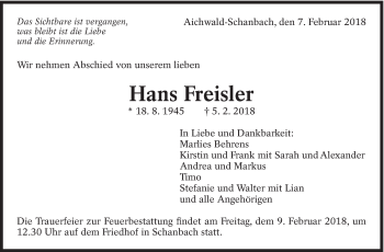 Traueranzeige von Hans Freisler von Eßlinger Zeitung/Cannstatter Zeitung