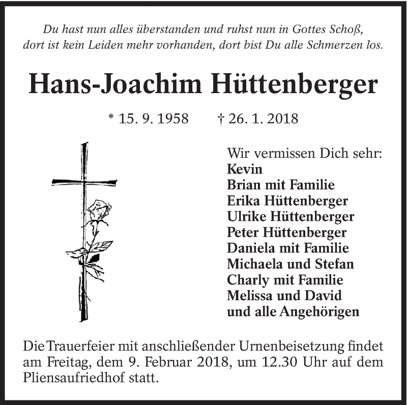  Traueranzeige für Hans-Joachim Hüttenberger vom 06.02.2018 aus Eßlinger Zeitung/Cannstatter Zeitung