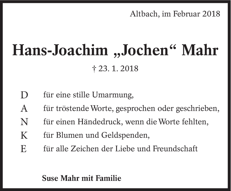  Traueranzeige für Hans-Joachim Mahr vom 10.02.2018 aus Eßlinger Zeitung/Cannstatter Zeitung