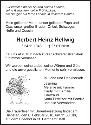Traueranzeige von Herbert Heinz Hellwig von Eßlinger Zeitung/Cannstatter Zeitung