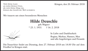 Traueranzeige von Hilde Deuschle von Eßlinger Zeitung/Cannstatter Zeitung