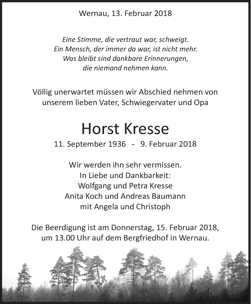  Traueranzeige für Horst Kresse vom 13.02.2018 aus Eßlinger Zeitung/Cannstatter Zeitung