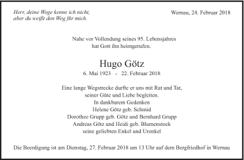 Traueranzeige von Hugo Götz von Eßlinger Zeitung/Cannstatter Zeitung