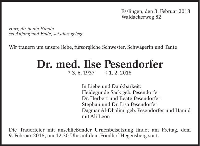  Traueranzeige für Ilse Pesendorfer vom 03.02.2018 aus Eßlinger Zeitung/Cannstatter Zeitung