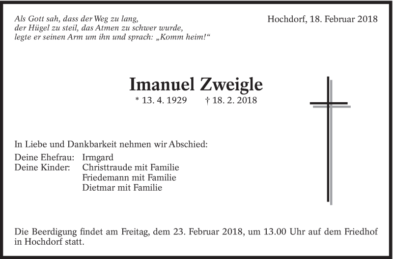  Traueranzeige für Imanuel Zweigle vom 21.02.2018 aus Eßlinger Zeitung/Cannstatter Zeitung