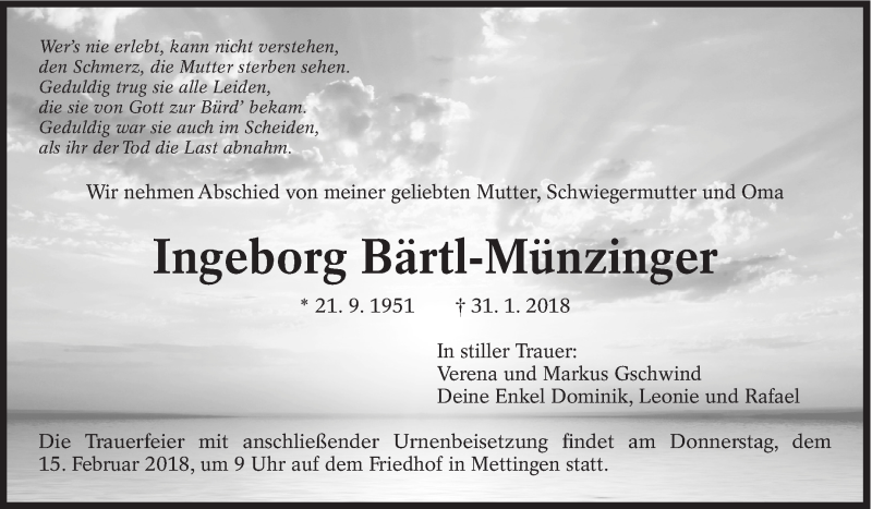  Traueranzeige für Ingeborg Bärtl-Münzinger vom 03.02.2018 aus Eßlinger Zeitung/Cannstatter Zeitung