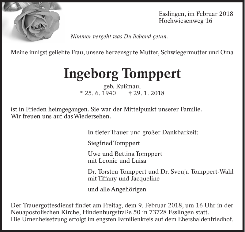  Traueranzeige für Ingeborg Tomppert vom 03.02.2018 aus Eßlinger Zeitung/Cannstatter Zeitung